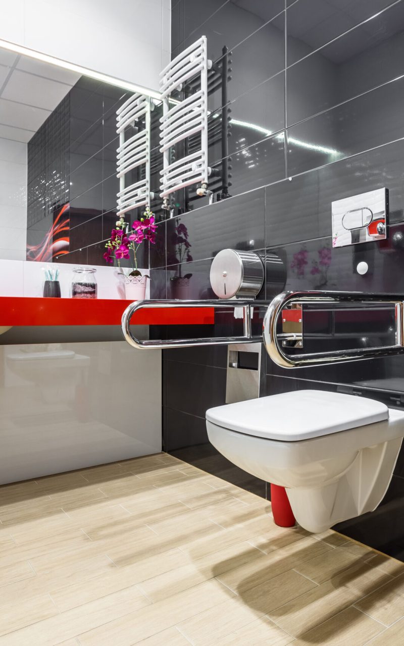 Modern, black and white handicap bathroom with stainless grab bars