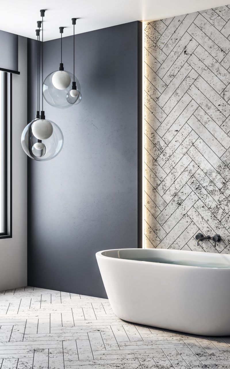 Contemporary bathroom interior with city view and copy space on wall. 3D Rendering