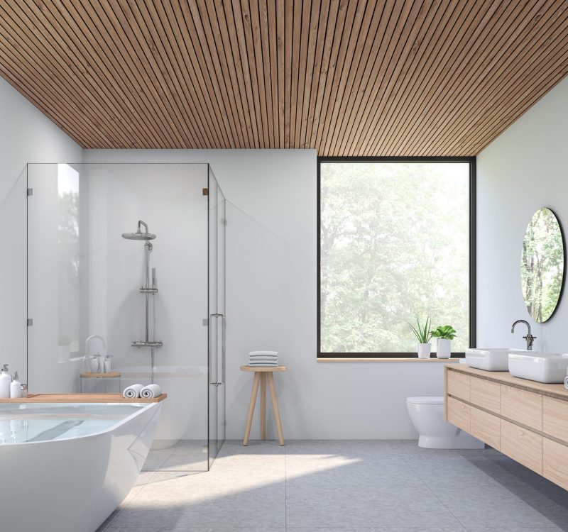 Modern contemporary loft bathroom 3d render.there are concrete tile floor, white wall and wood plank ceiling ,There are large windows look out to see the nature view.