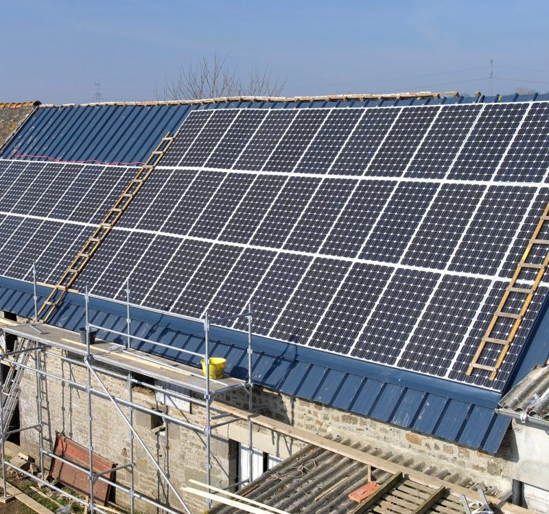 Normandie, France, January 2009.
Renewable energy. Photovoltaic panel installation on the roof of a old farm building