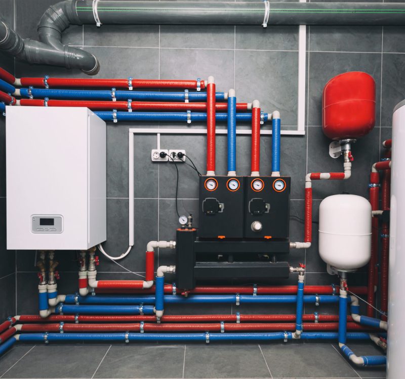 A modern electic boiler room. Equipment for modern heating system as a boiler, heater,pipes, expansion tank and other