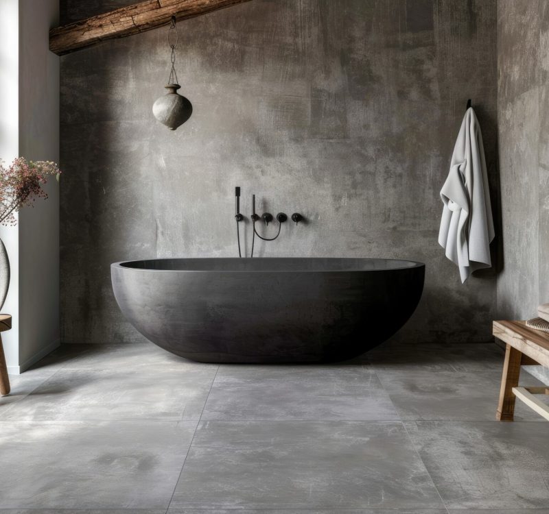 Upscale bathroom with cement walls and PVC flooring
